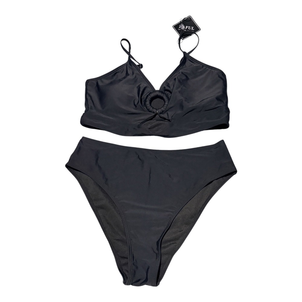 Zaful Black Ring Cut Out Bikini Set High Waisted Two Piece Swimsuit Medium NEW